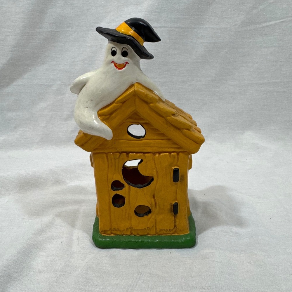 RARE Lefton‎ Korea 80's Vintage Halloween Ceramic Ghost House Tealight Holder